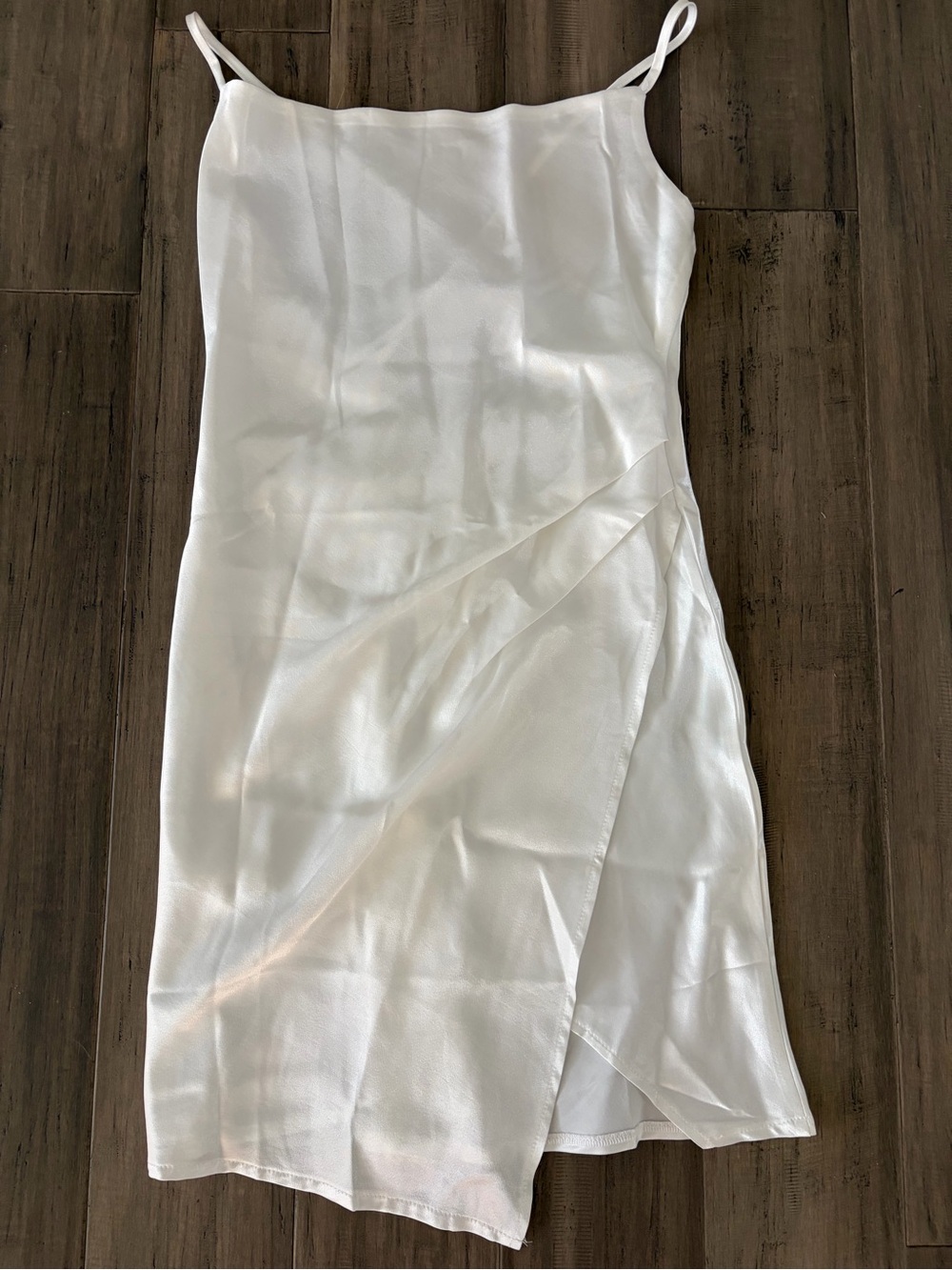 White satin mini dress with asymmetrical hemline-Selfie Leslie-brand new size S